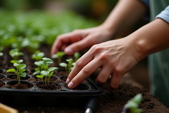A florist's hands carefully tending to a tray of seedlings.